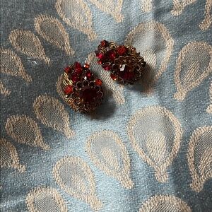 Vintage Red and Orange Crystal Floral Clip-On Earrings made in West Germany